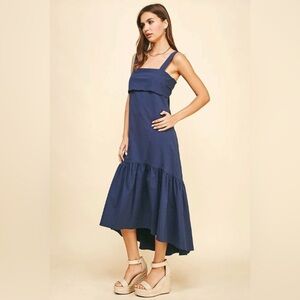 Pinch Like NEW Navy Square-Neck Ruffle-Hem Hi Low Midi Dress with bow Back M